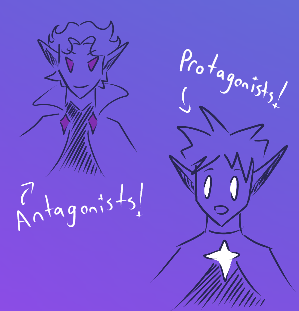 A doodle of a villain with magenta eyes, wavy hair, and a cape with the text "Antagonists!" next to them. Another doodle is of a spiky-haired character with glowing eyes and the text "Protagonists!" above him. 