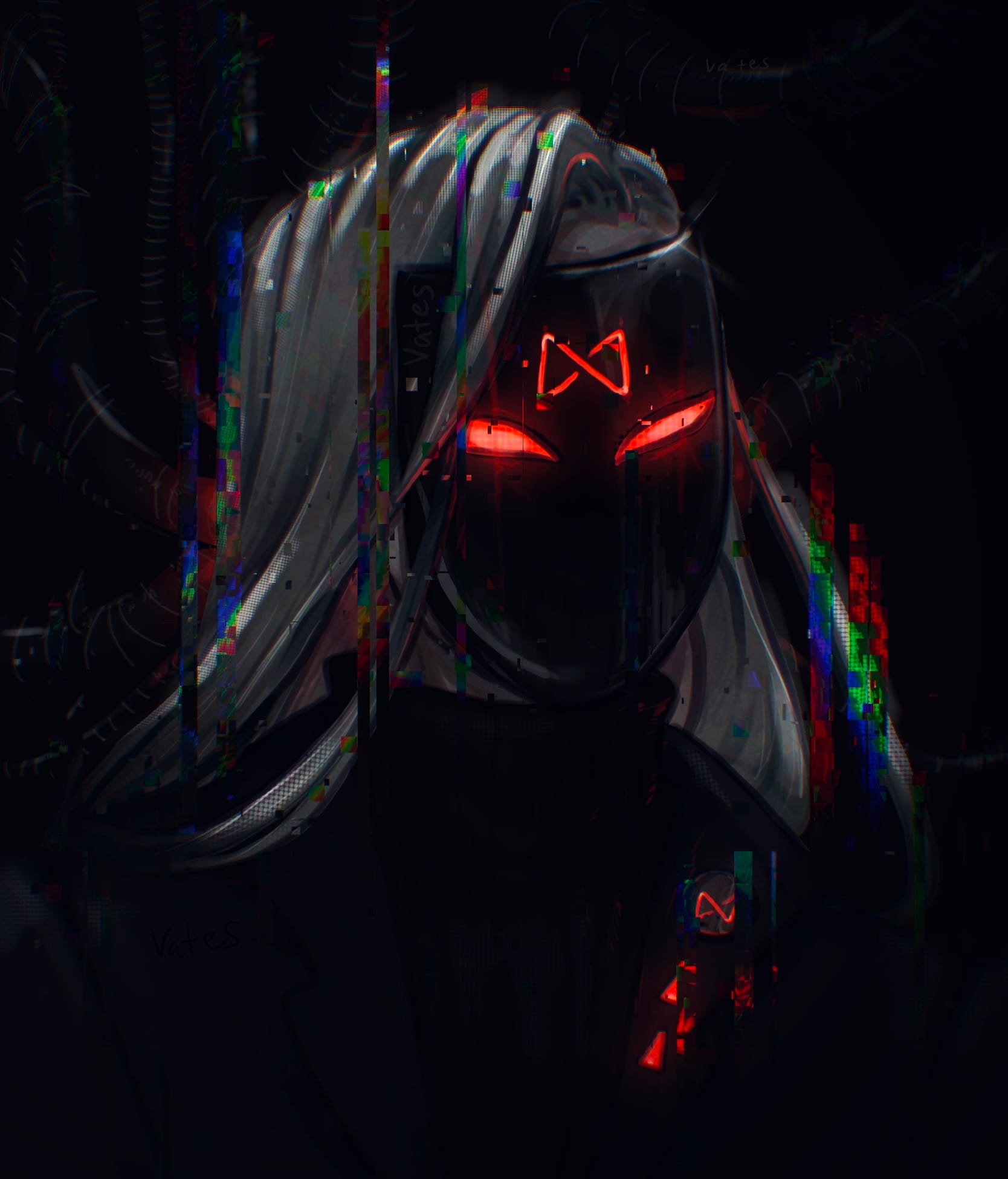 Art depicts a white-haired character in a dark, robotic mask with glowing red eyes.