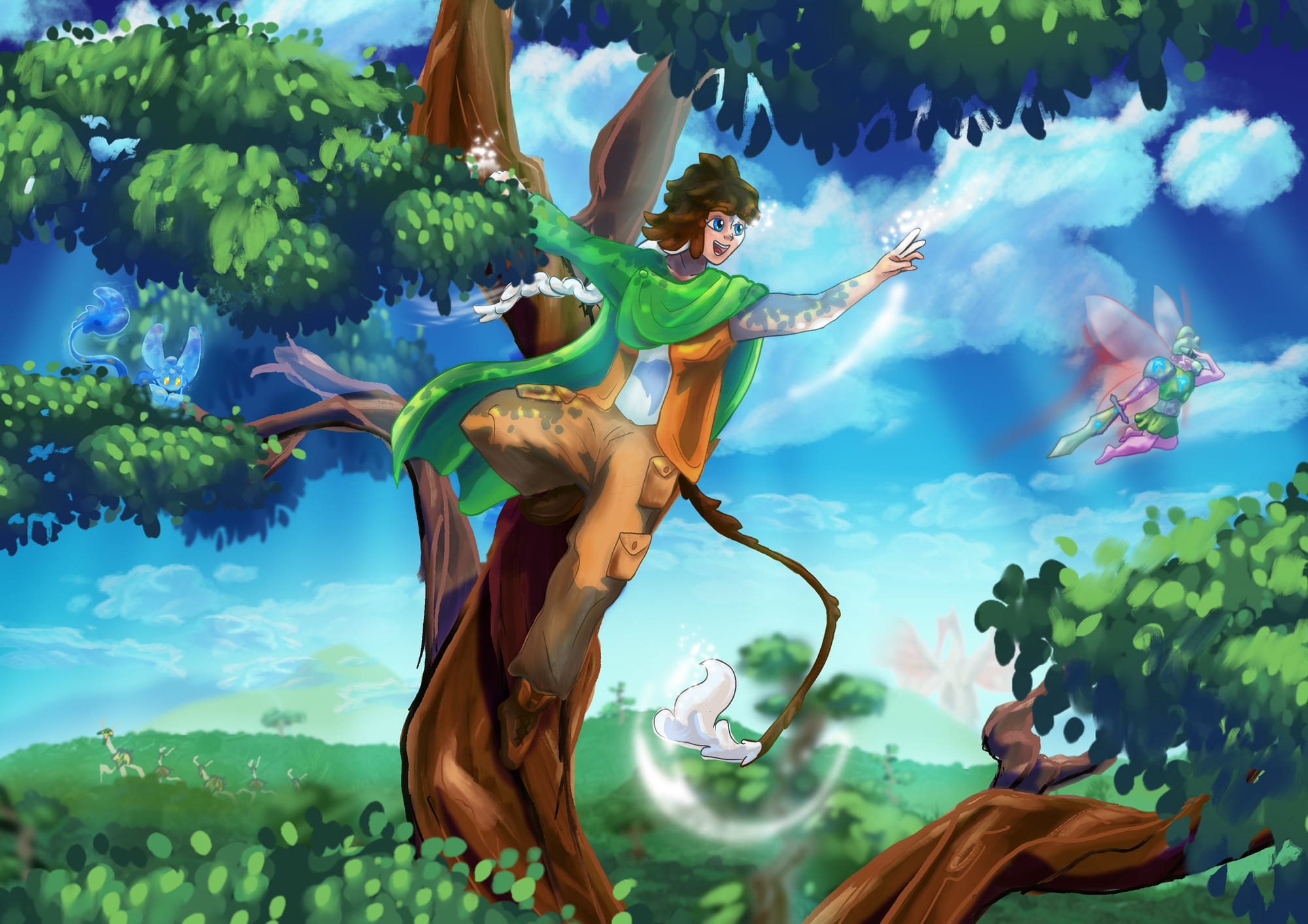 Art depicts a sona with glowing features climbing a tree.