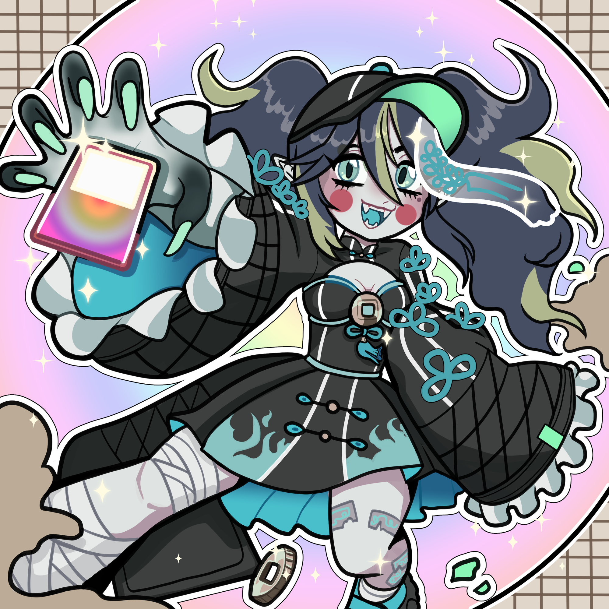 Chenyu, a happy vampire with black and blue dress and dark hair