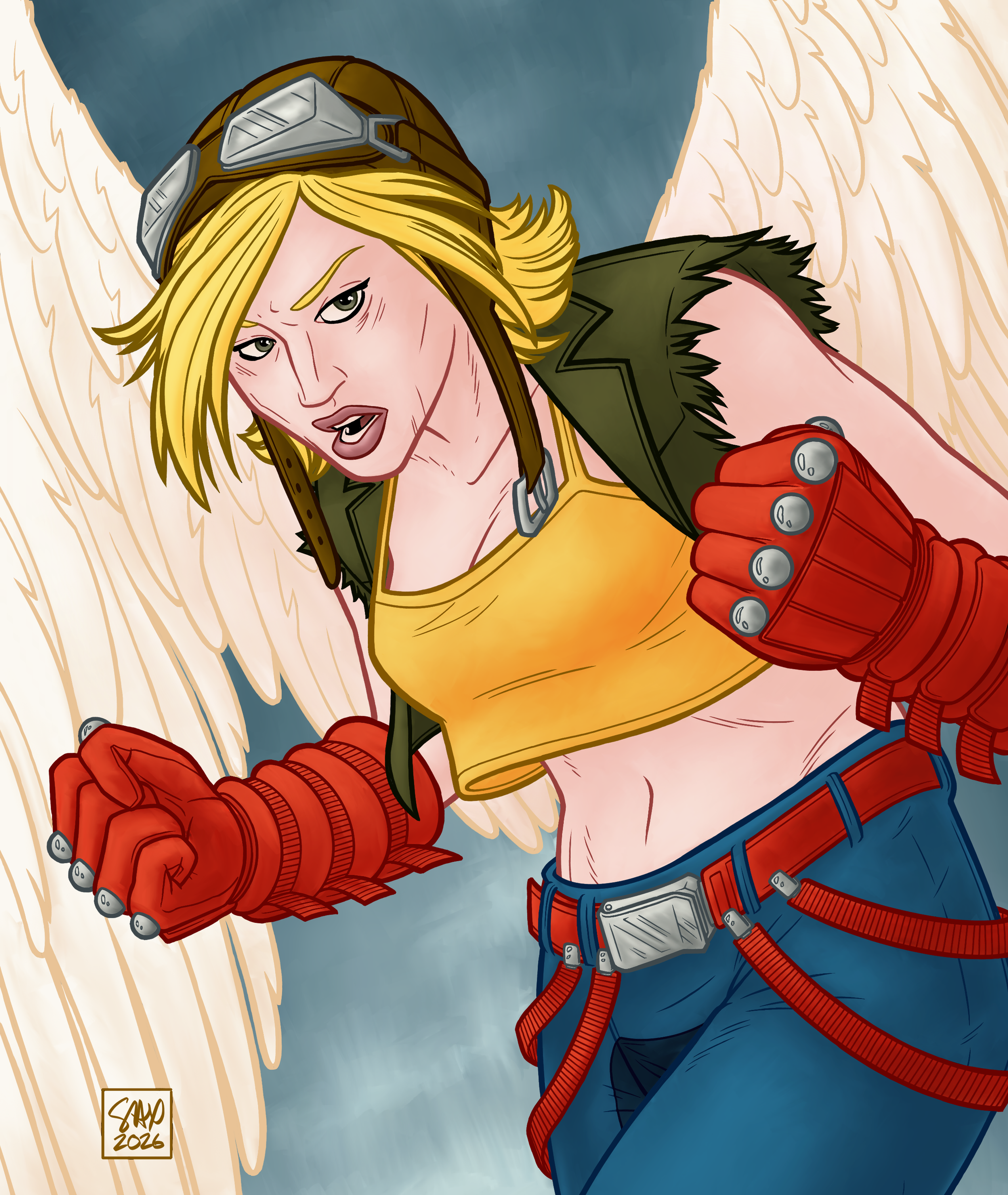 Flying hero OC wearing bright red gloves and pilot helmet paired with jeans and a crop top