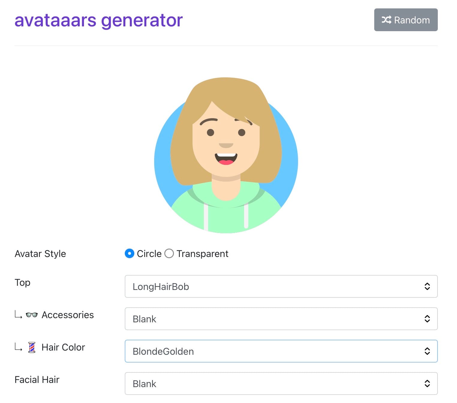A screenshot from Aaavatars character creator, with a person in a green hoodie with a blonde bob as the customized icon.