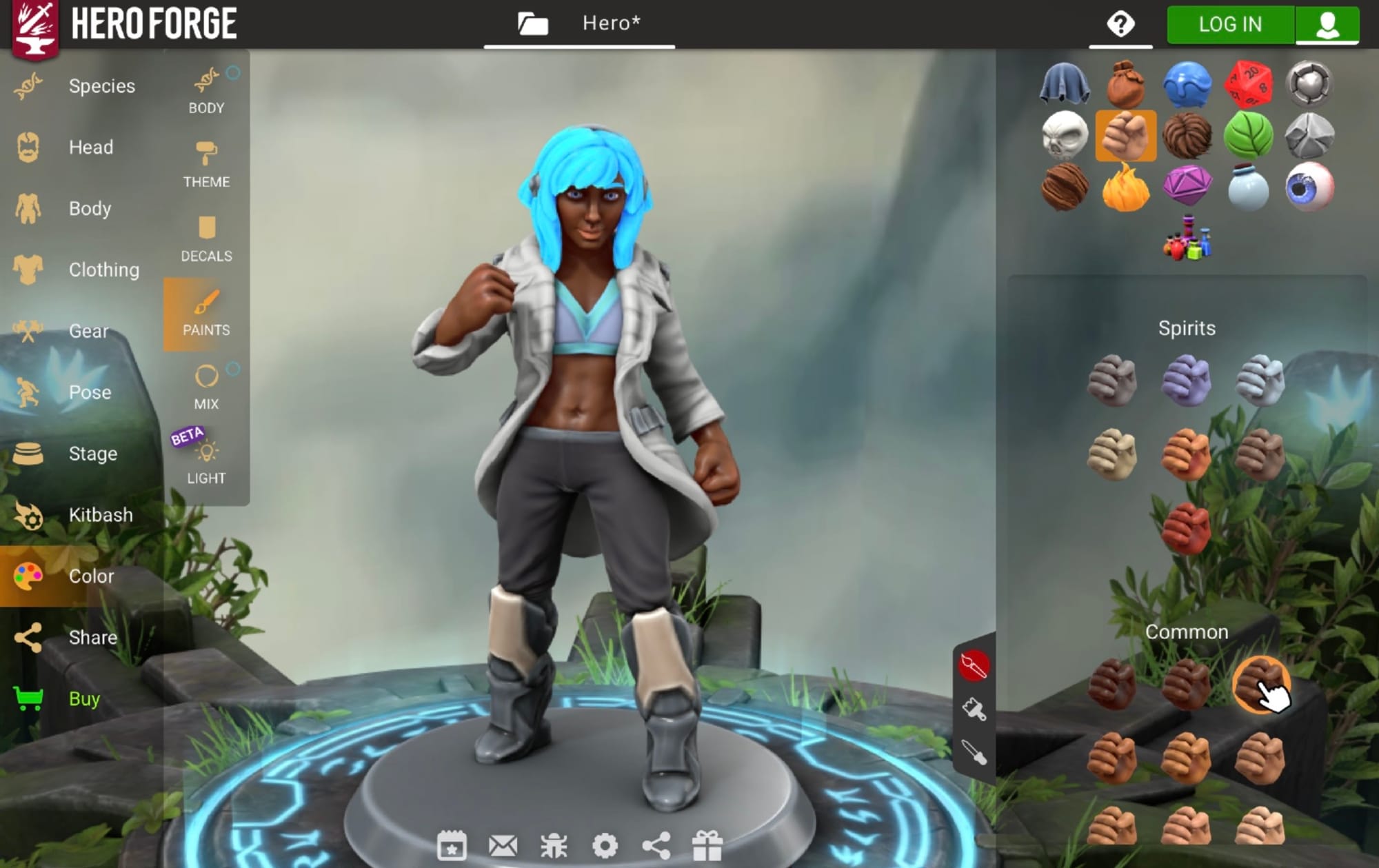 A screenshot from the websites HeroForge, featuring a 3D miniature being customized.
