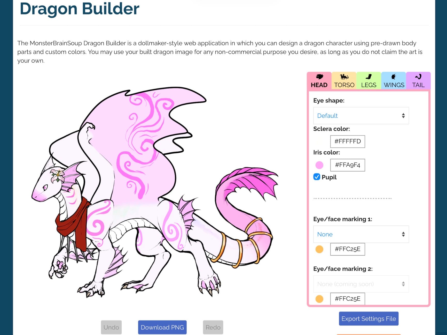 A screenshot of Dragon Builder from the website MonsterBrainSoup. The dragon is pink and aquatic themed with a flower and a red scarf.