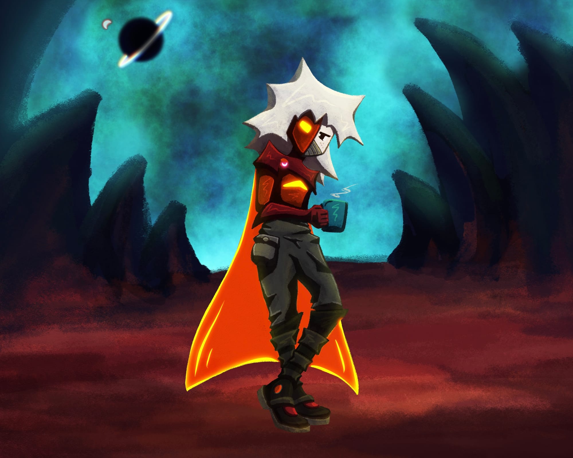 Art depicts a character with a glowing robot mask and armor.