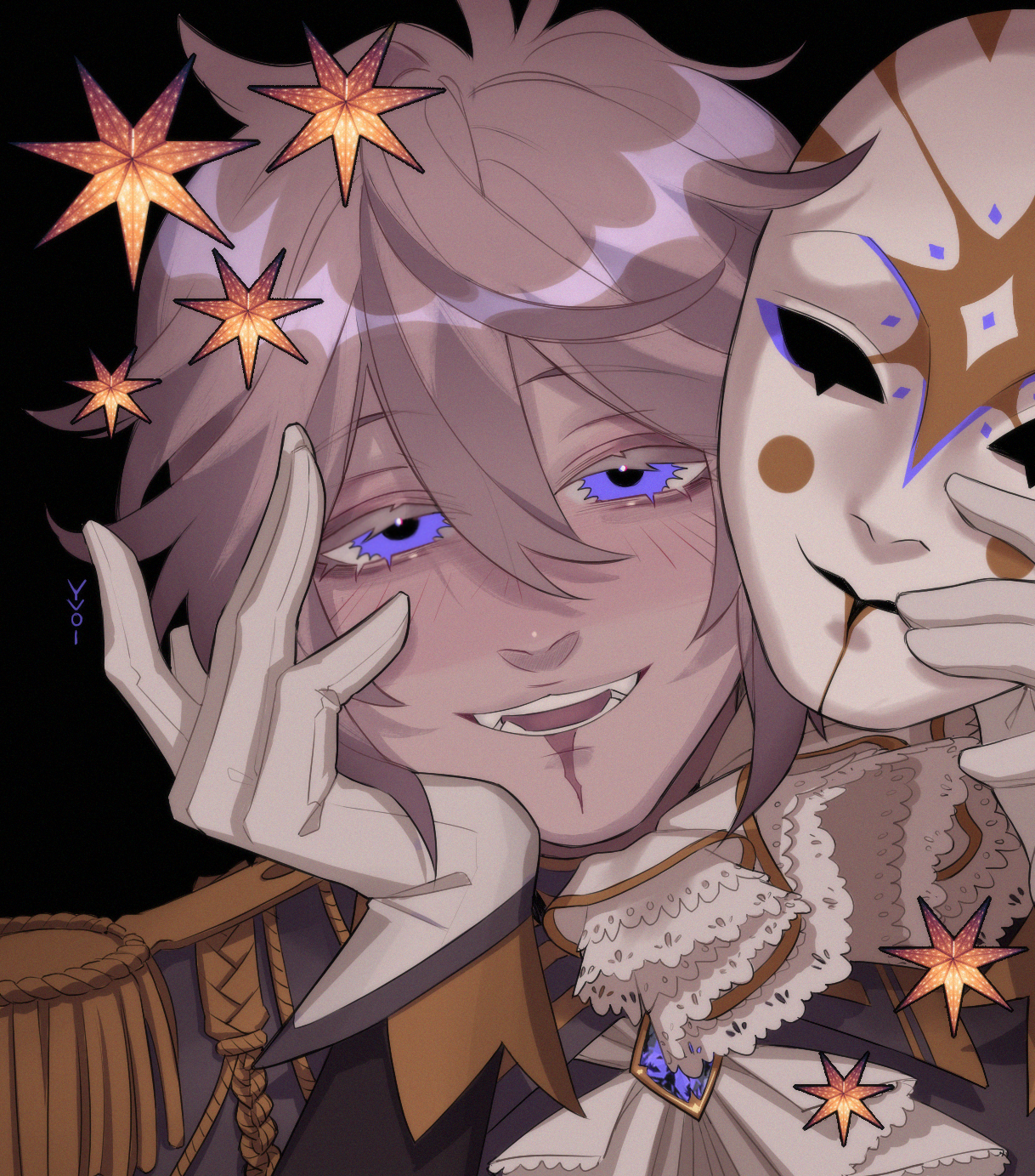 Art depicts a grinning, blond-haired character with a fancy outfit and a decorated mask.