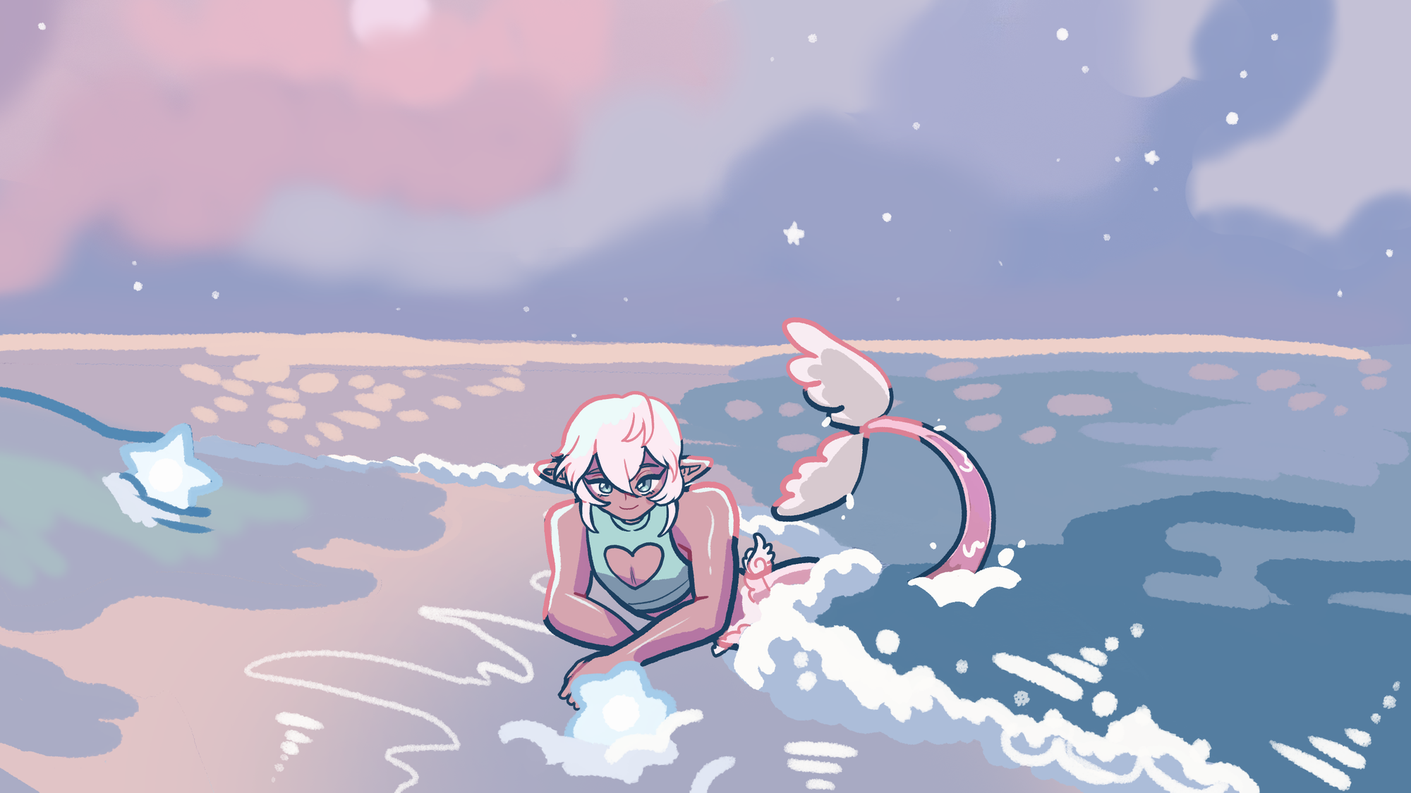 Mermaid OC with pastel color palette and whimsical scenery