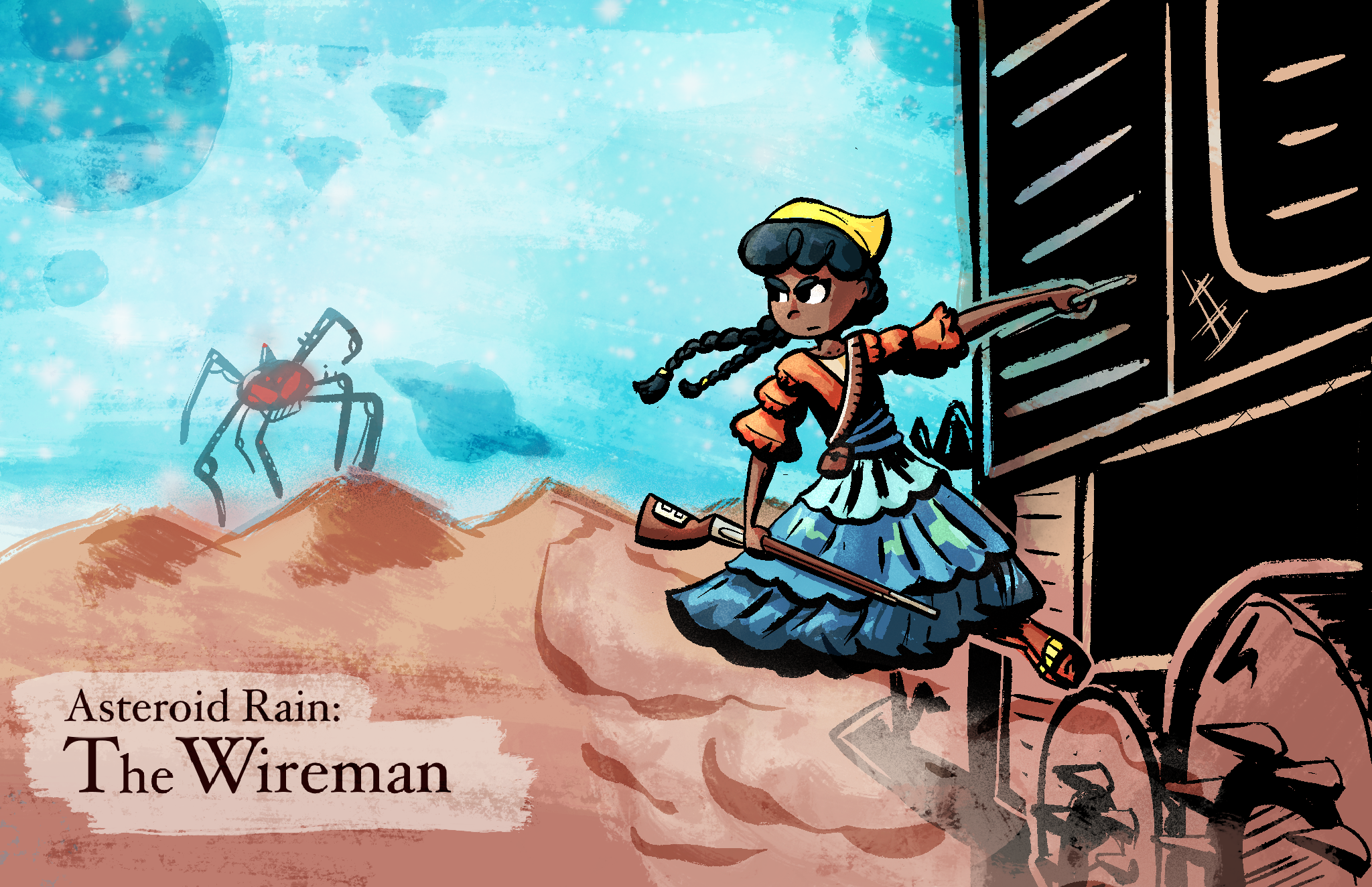 Art depicts a character with dark hair and a brightly colored dress, looking towards an ominous robot with glowing eyes.