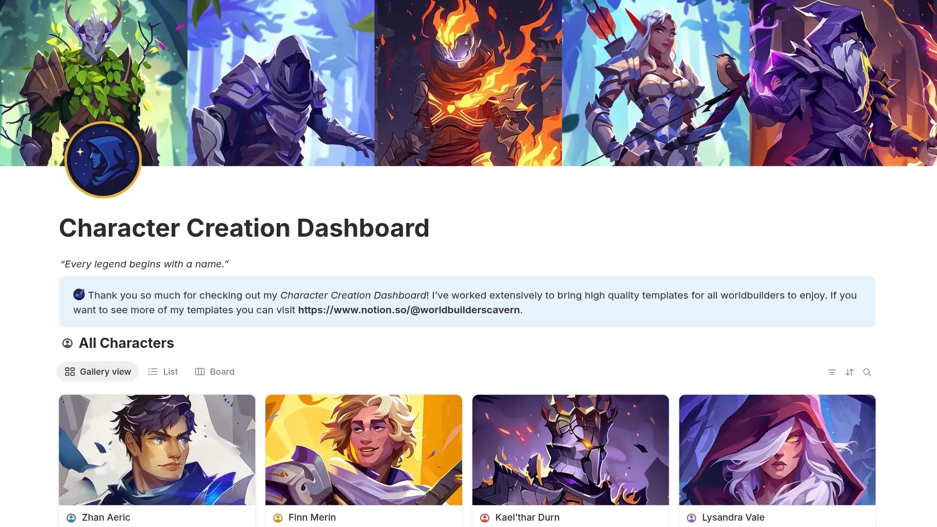 Notion original Character Creation Dashboard made with template