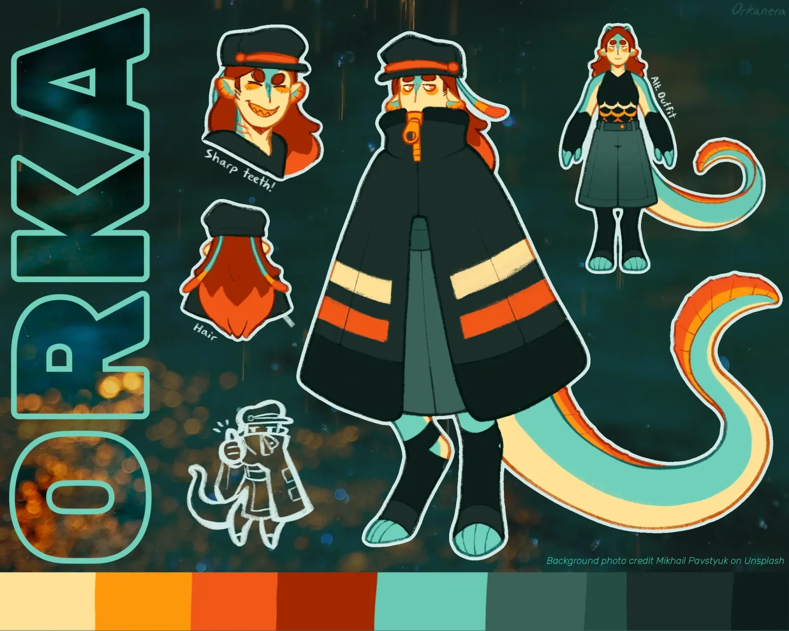 Art depicts multiple drawings of a persona with a tail and a long cloak.