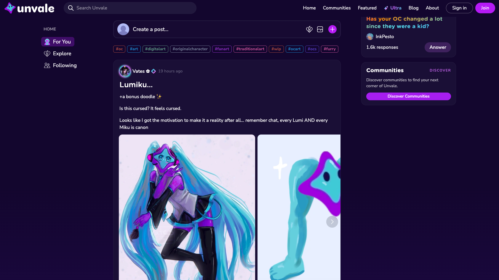 Unvale homepage featuring new creations in a classic social media platform format