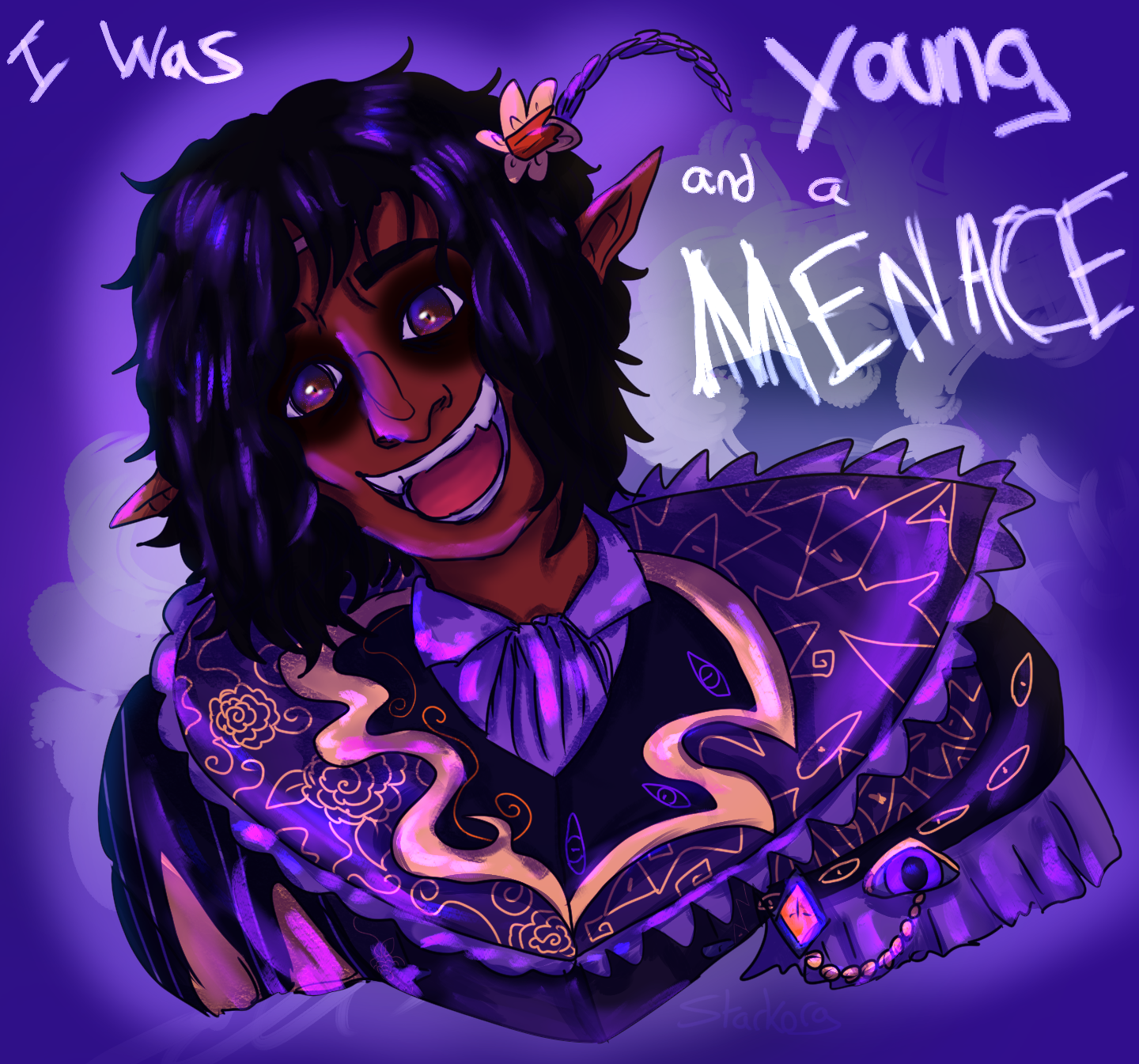 Art depicts a character with a wide smile in a detailed purple suit, along with the text "I was young and a menace."
