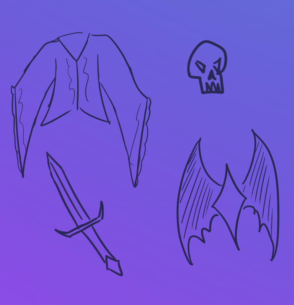 Doodle depicts a fancy long sleeved shirt, a skull, a sharp sword, and a gem with bat wings.