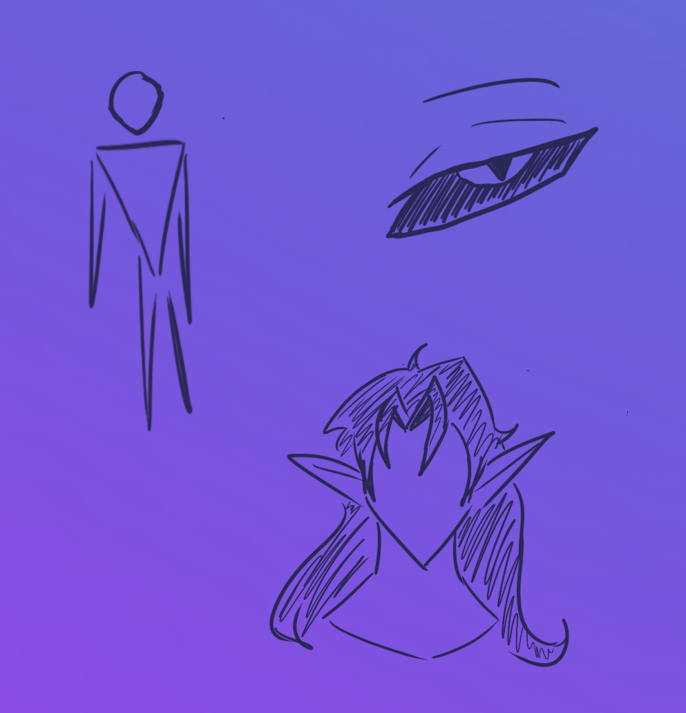 Doodle depicts a figure with sharp shape language, a villainous eye with a dark sclera and a animal pupil, and a dark elf with long hair.