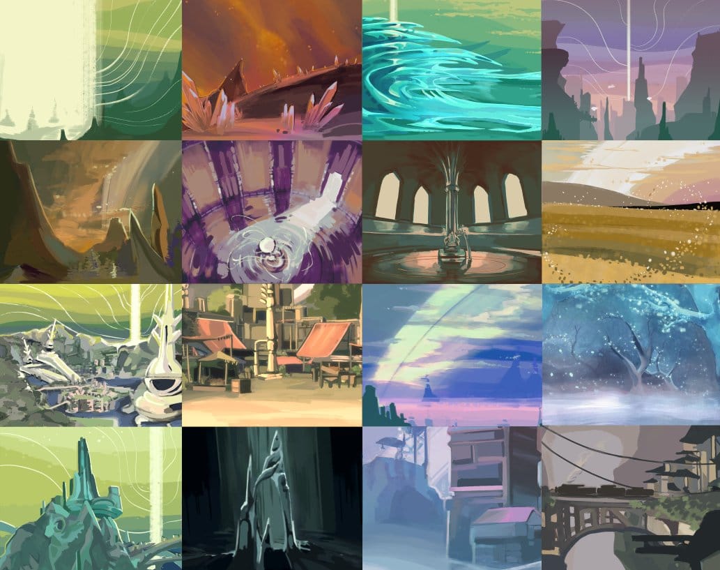 Wasob's backgrounds for their world showing different terrain and settlements