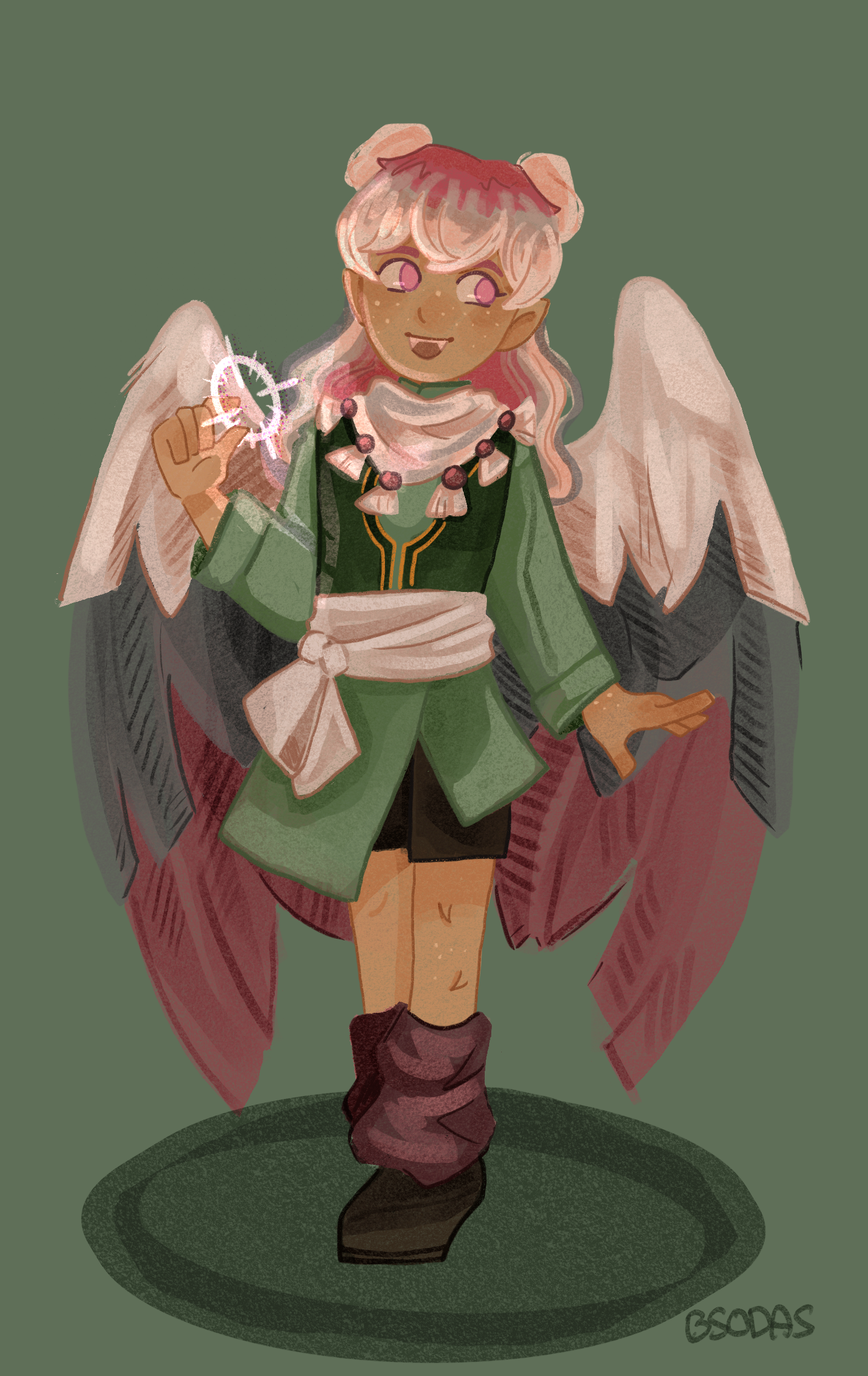Art depicts a character with pink hair and wings, who's wearing a green outfit.