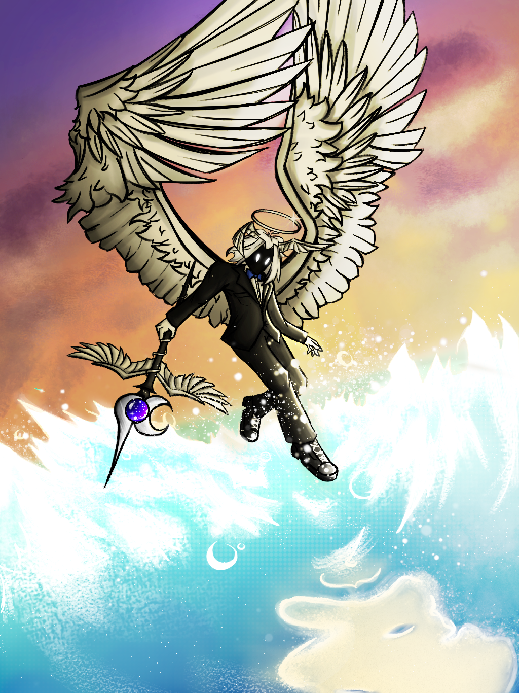 Art depicts a kind-hearted angel in a suit who cares for humans and protects them. 