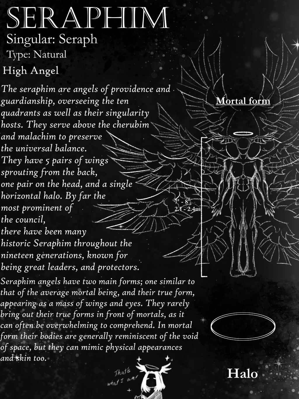 Image depicts the high-ranking seraphim angel species with several pairs of wings and a halo.