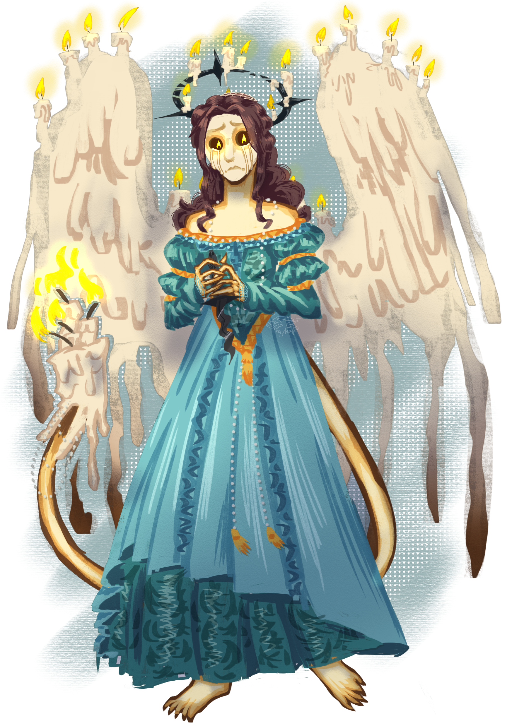 Art depicts an angel OC with withered angel wings and a spiked candle halo.