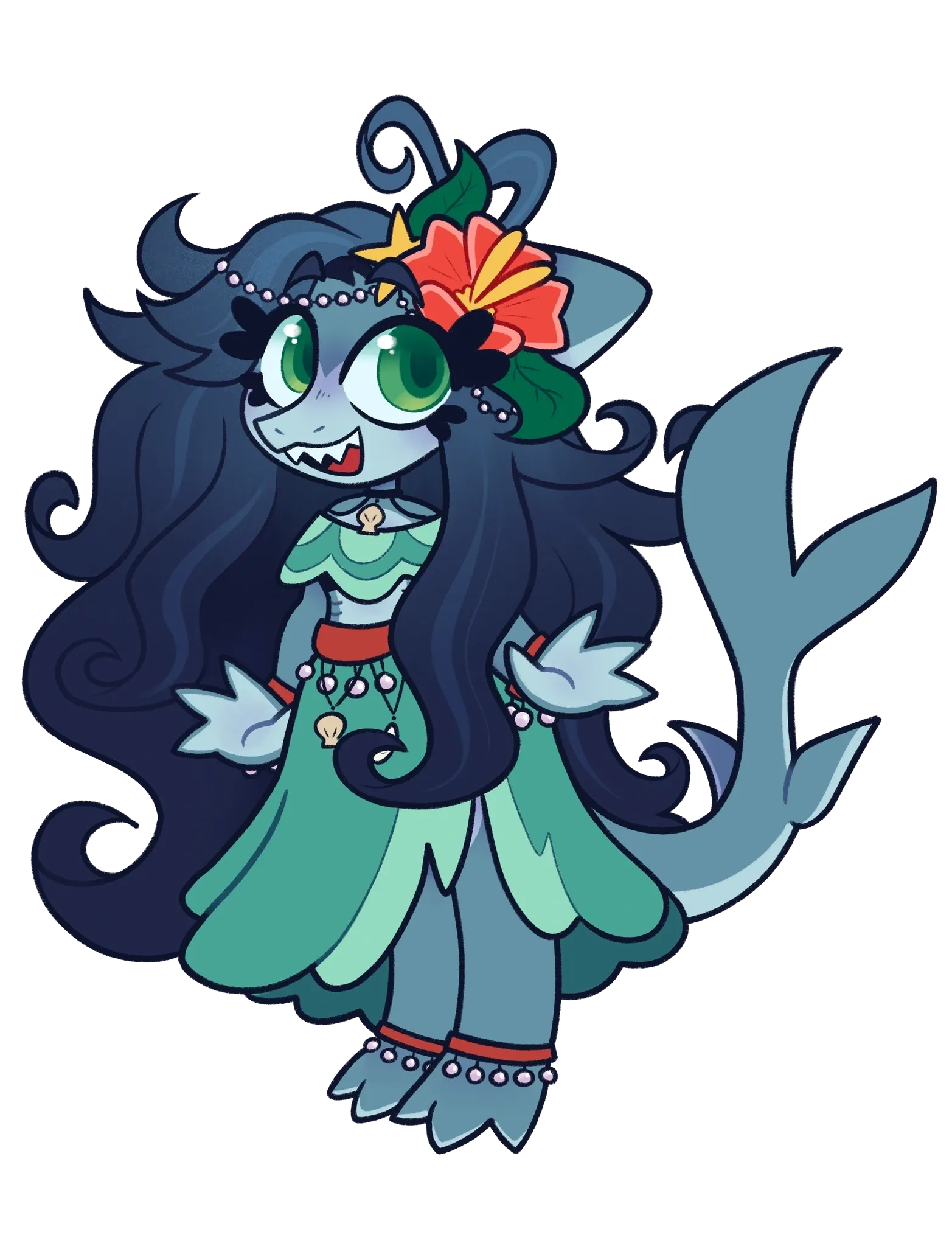 Art depicts a sharkfolk character with shell accessories and pearl jewelery.