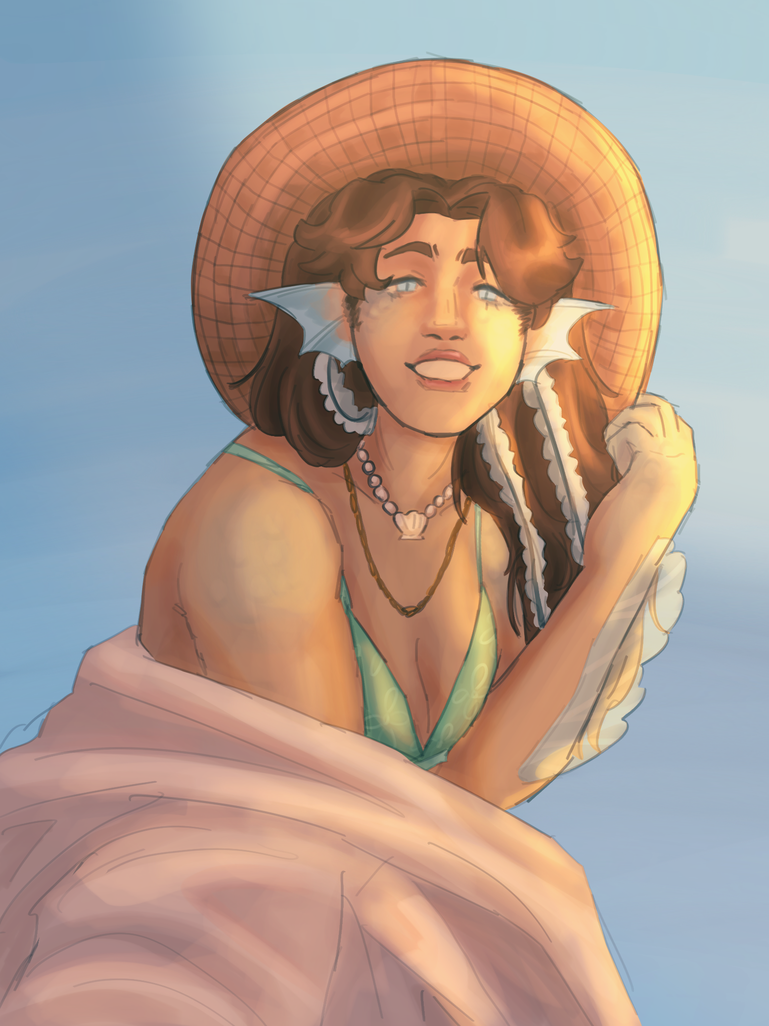 Art depicts a character with fin ears as well as fins along her arms. She also has scale details on her face and siren-like eyes. 