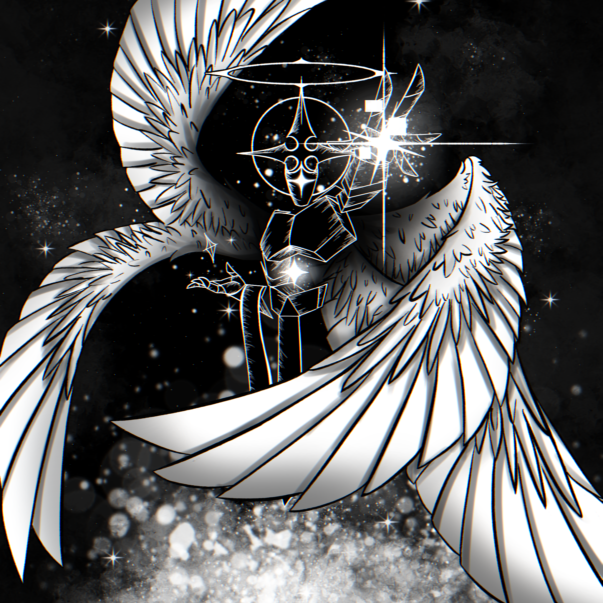 Art depicts a singular god with angel wings, who created the universe and everything in it.