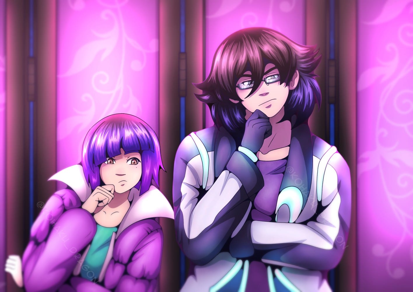 Art depicts two characters part of the same faction, one with a purple coat and matching hair copying the pose of one with a grey coat and glasses.