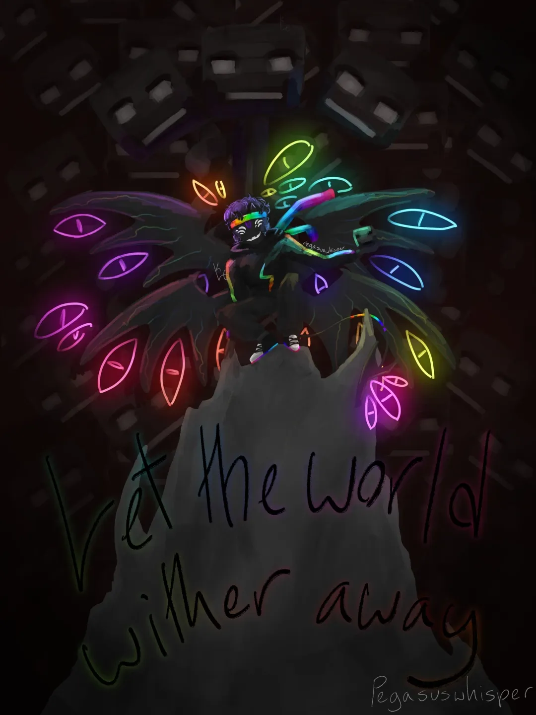 Art depicts a villainous OC perched on top of a cliff with two pairs of wings and small horns.