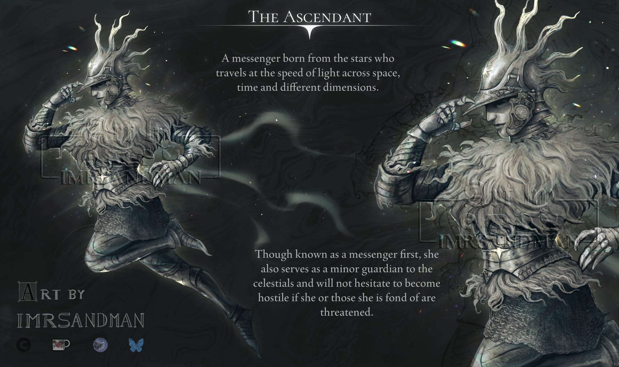Art depicts an armored divine being who is a celestial gaurdian.