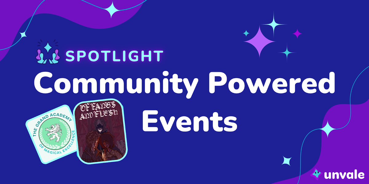 Event squares and purple/blue sparkles frame the title Community Powered Events Spotlight