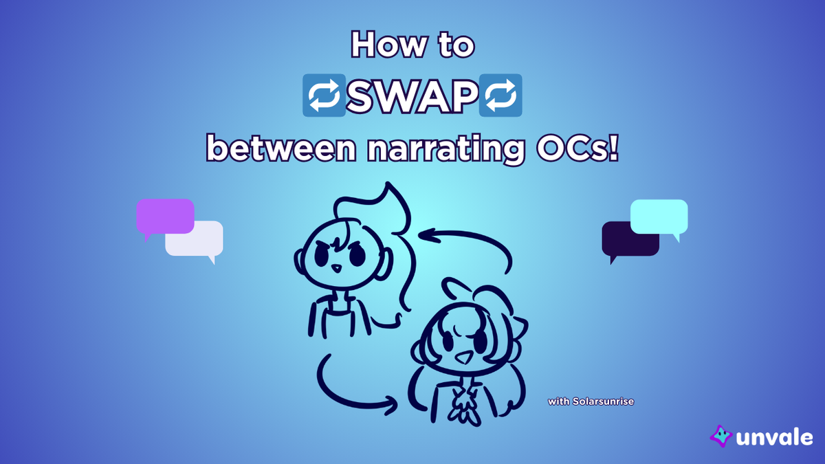 Light and regular blue gradient background. Text reads "How to SWAP between narrating OCs!". A doodle of two characters swapping between talking..