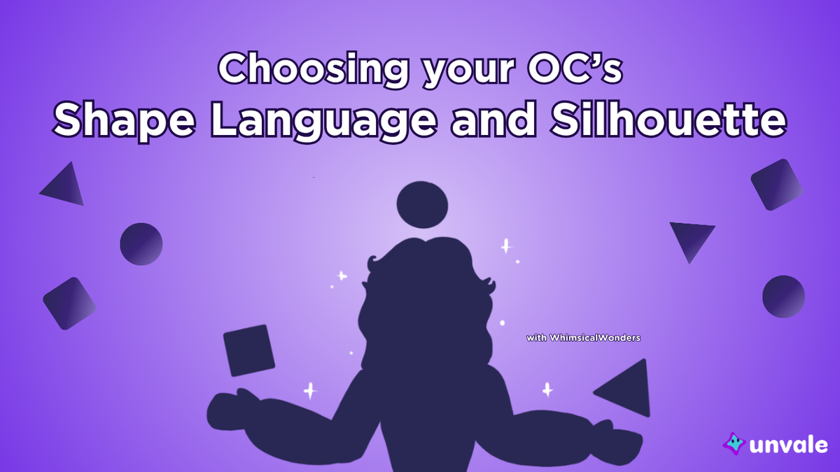 Light and regular purple gradient background. Text reads "Choosing your OC's Shape Language and Silhouette". A doodle of silhouette Whimsy with floating shapes all around.