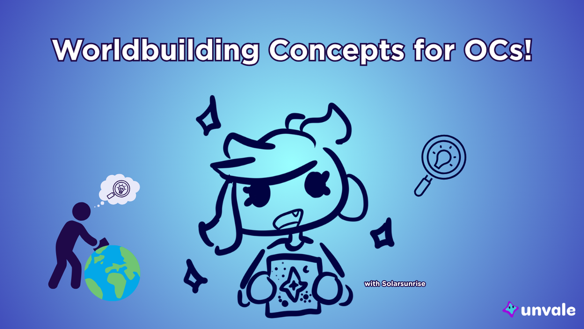 Light and regular blue gradient background. Text reads "Worldbuilding Concepts for your OCs!". A doodle of Solar holding a cool drawing with a stick figure building a planet.