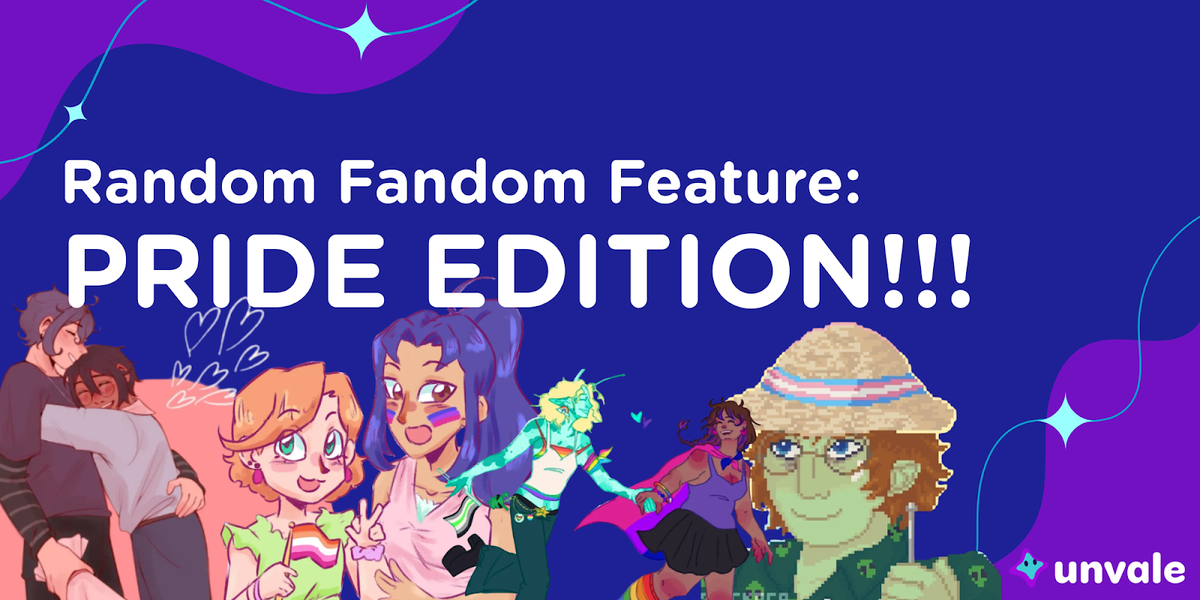 Blue and purple background with sparkles frame the title "Random Fandom Feature: PRIDE EDITION!!!". On the image are 4 lovely queer OCs made by different creators!
