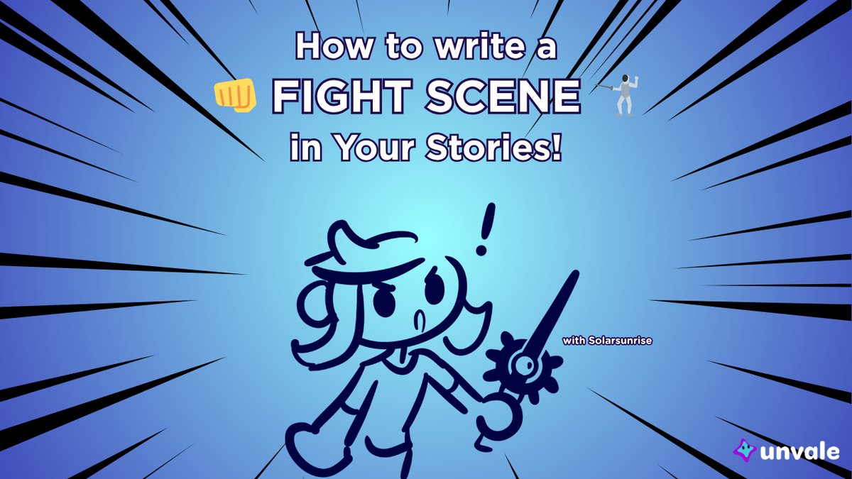 Light and regular blue gradient background. Text reads "How to write a FIGHT SCENE in Your Stories". A doodle of Solar with a sword, ready to fight.