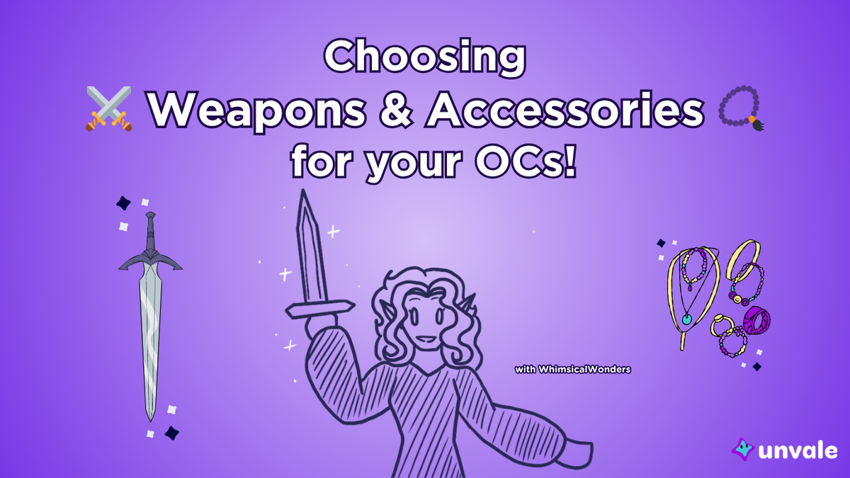 Light and regular purple gradient background. Text reads "Choosing Weapons & Accessories for your OCs!". A doodle of Whimsy holding an sword?! Put that down!