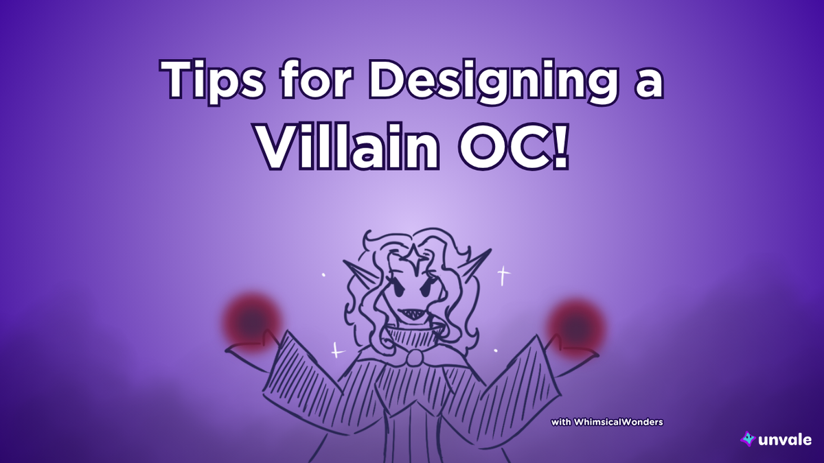 Light and dark purple gradient background. Text reads "Tips for Designing a Villain OC!". A doodle of a villainous Whimsy! How scary!