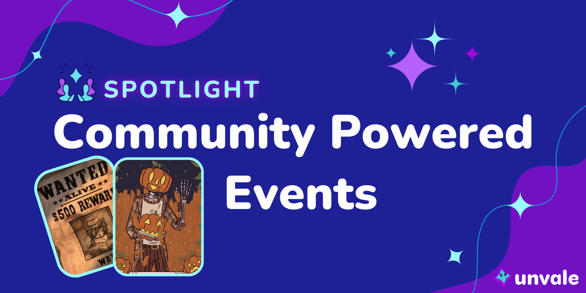 A blue and purple graphic that reads "Community Powered Events" featuring two images of spotlighted events.