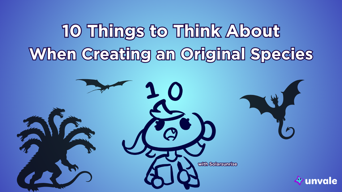 Light and regular blue gradient background. Text reads "10 Things to Think About When Creating an Original Species". A doodle of Solar with a pen and paper looking up into the sky..