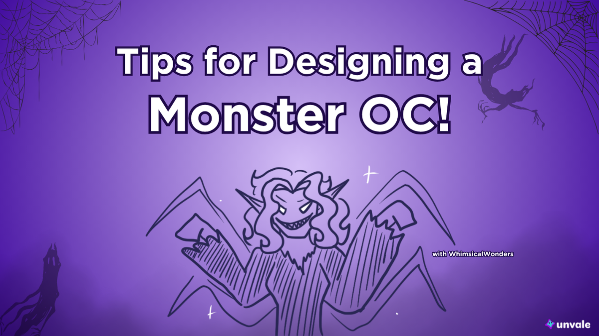 Light and dark purple gradient background. Text reads "Tips for Designing a Monster OC!". A doodle of a monstrous Whimsy who is totally scary!!