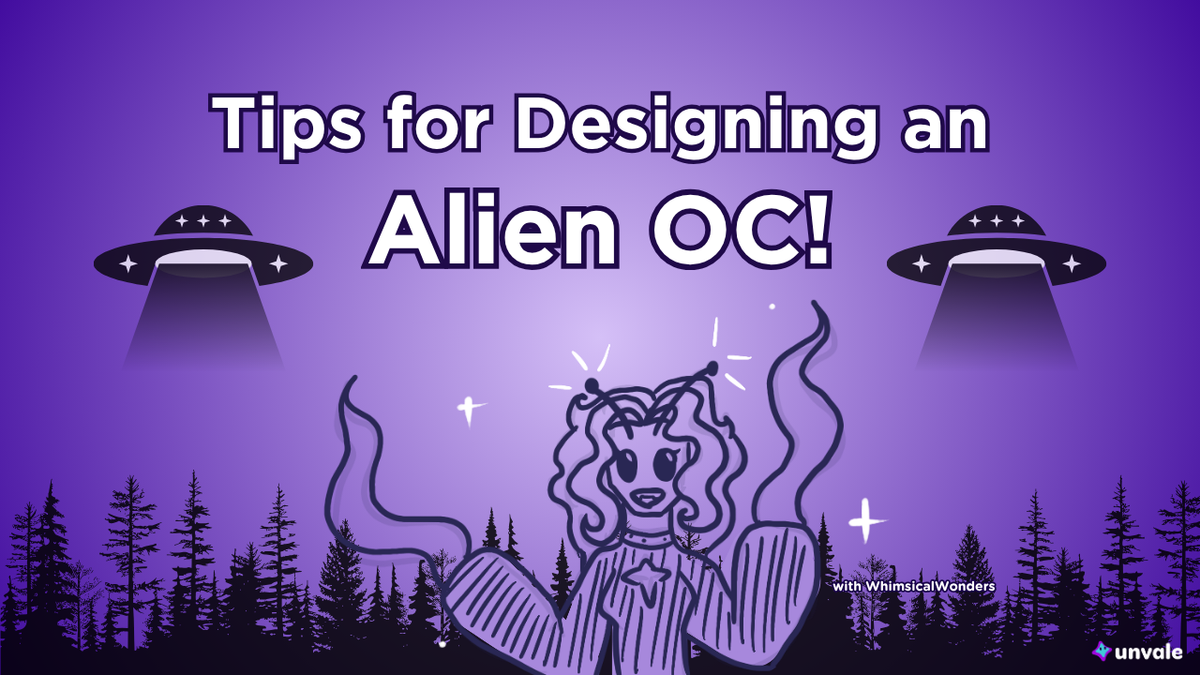 Light and dark purple gradient background. Text reads "Tips for Designing an Alien OC!". A doodle of Whimsy as an alien.