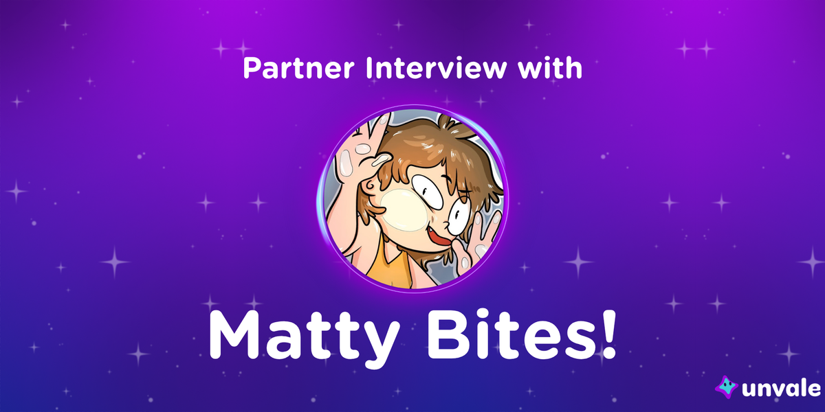 Blue and purple gradient background with white sparkles. Text reads "Partner Interview with Matty Bites!". There's an image of Matty Bites icon in the center!