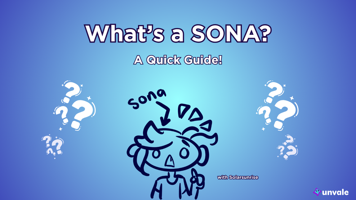 Light and regular blue gradient background. Text reads "What's a SONA? A Quick Guide!". A doodle of Solar realizing she is actually a persona of her creator.