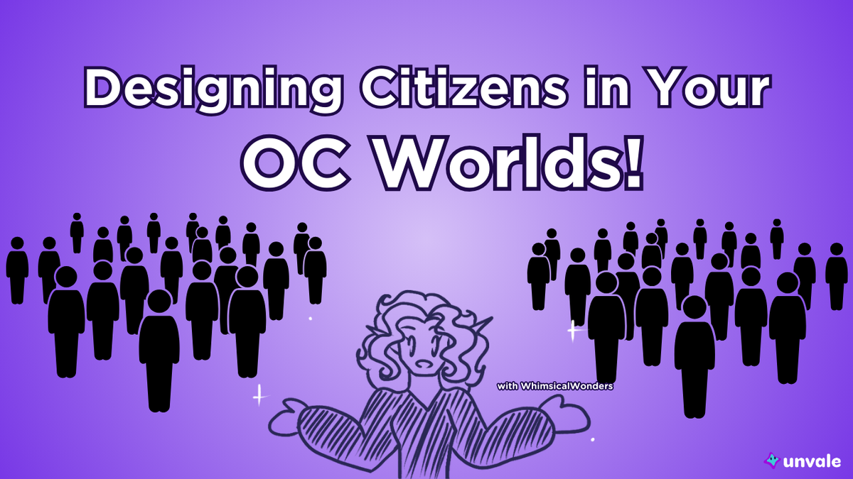 Light and regular purple gradient background. Text reads "Designing Citizens in Your OC Worlds!". A doodle of Whimsy surrounded by silhouette crowds of people