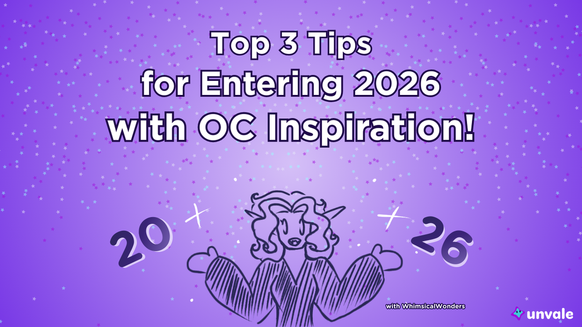 Light and regular purple gradient background. Text reads "Top 3 Tips for Entering 2026 with OC Inspiration!". A doodle of Whimsy surrounded by confetti and the number 2026