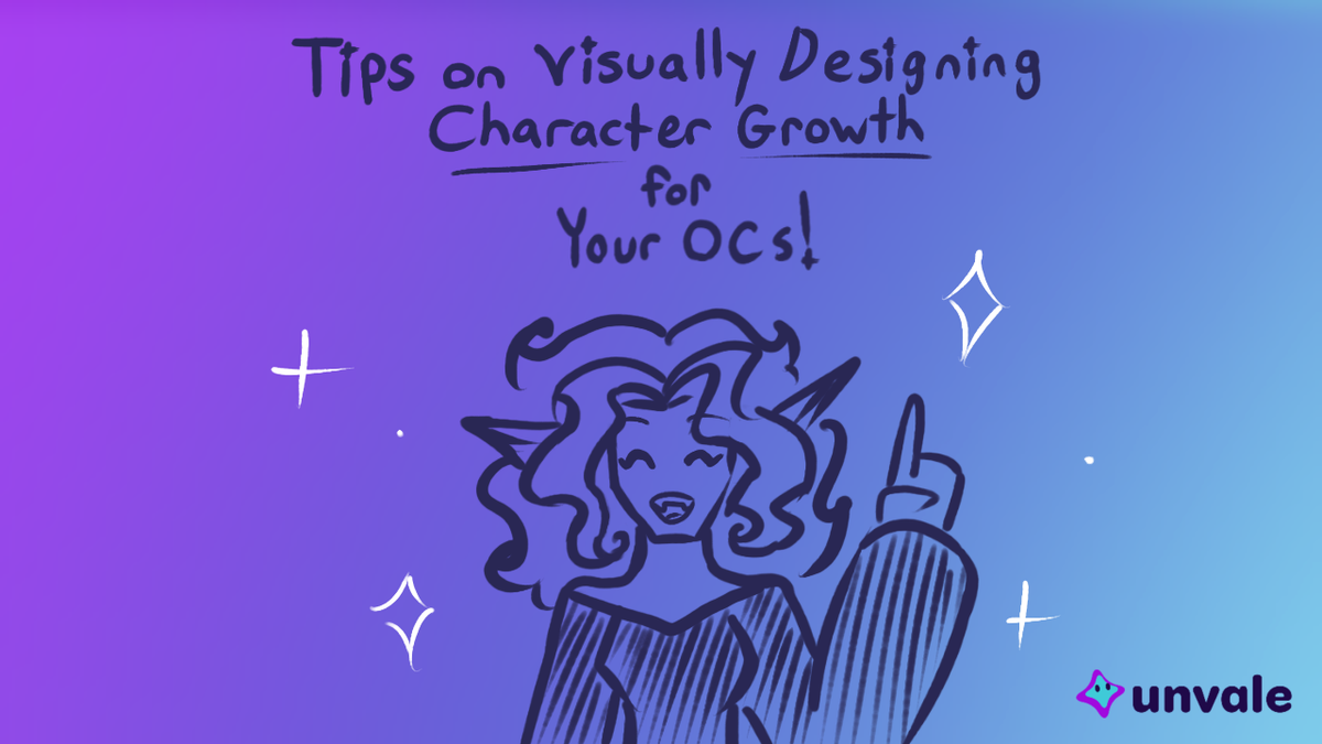 Cartoon character pointing upwards as she talks about visually designing character growth!