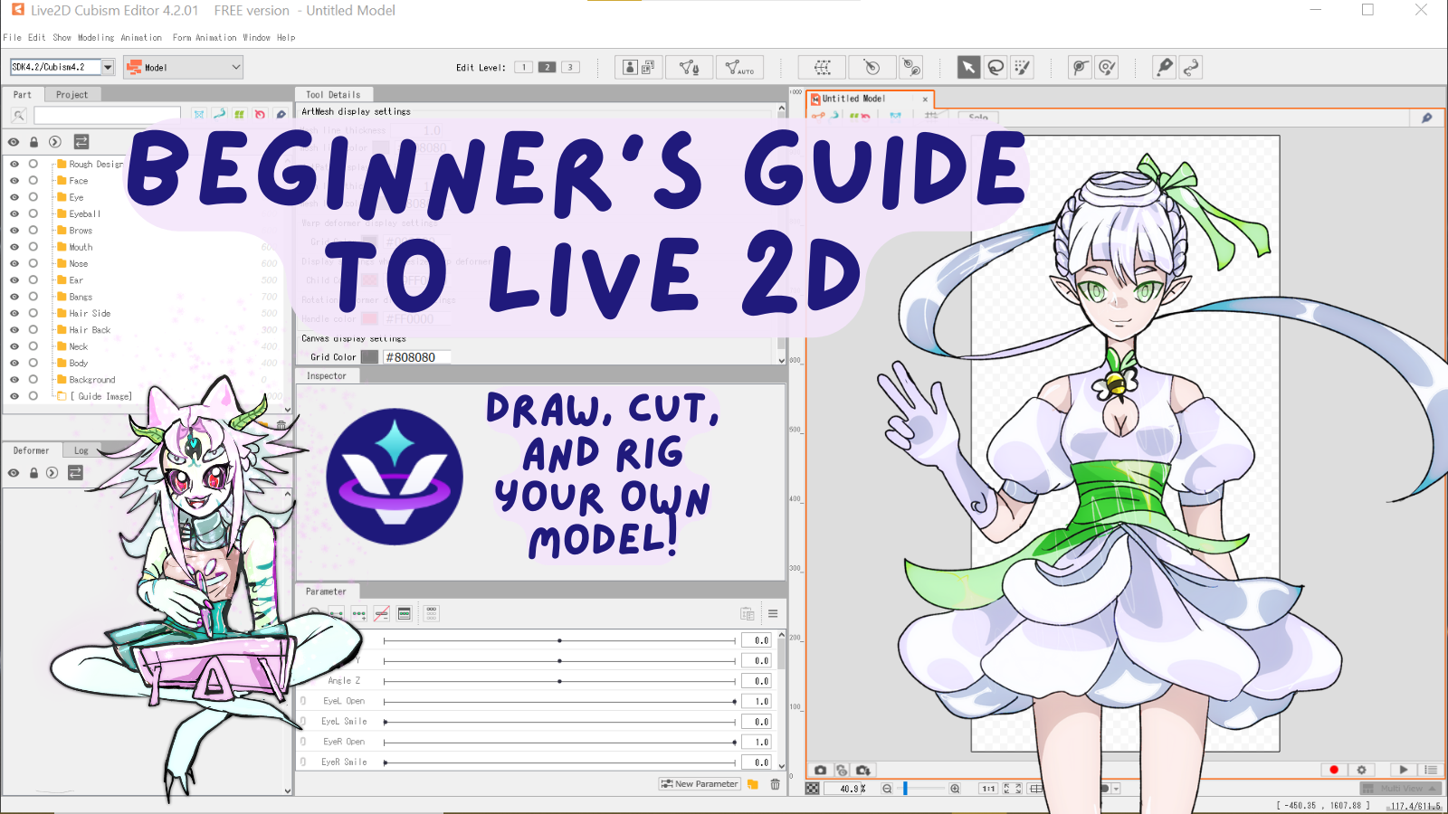 A screen showing Live 2D software, two of honaki's (the author's) characters, as well as the text "Beginner's Guide to Live 2D"