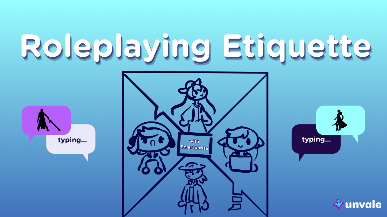 Light and regular blue gradient background. Text reads the title of this blog. Images features two characters roleplaying and two speech bubbles of chatting characters.