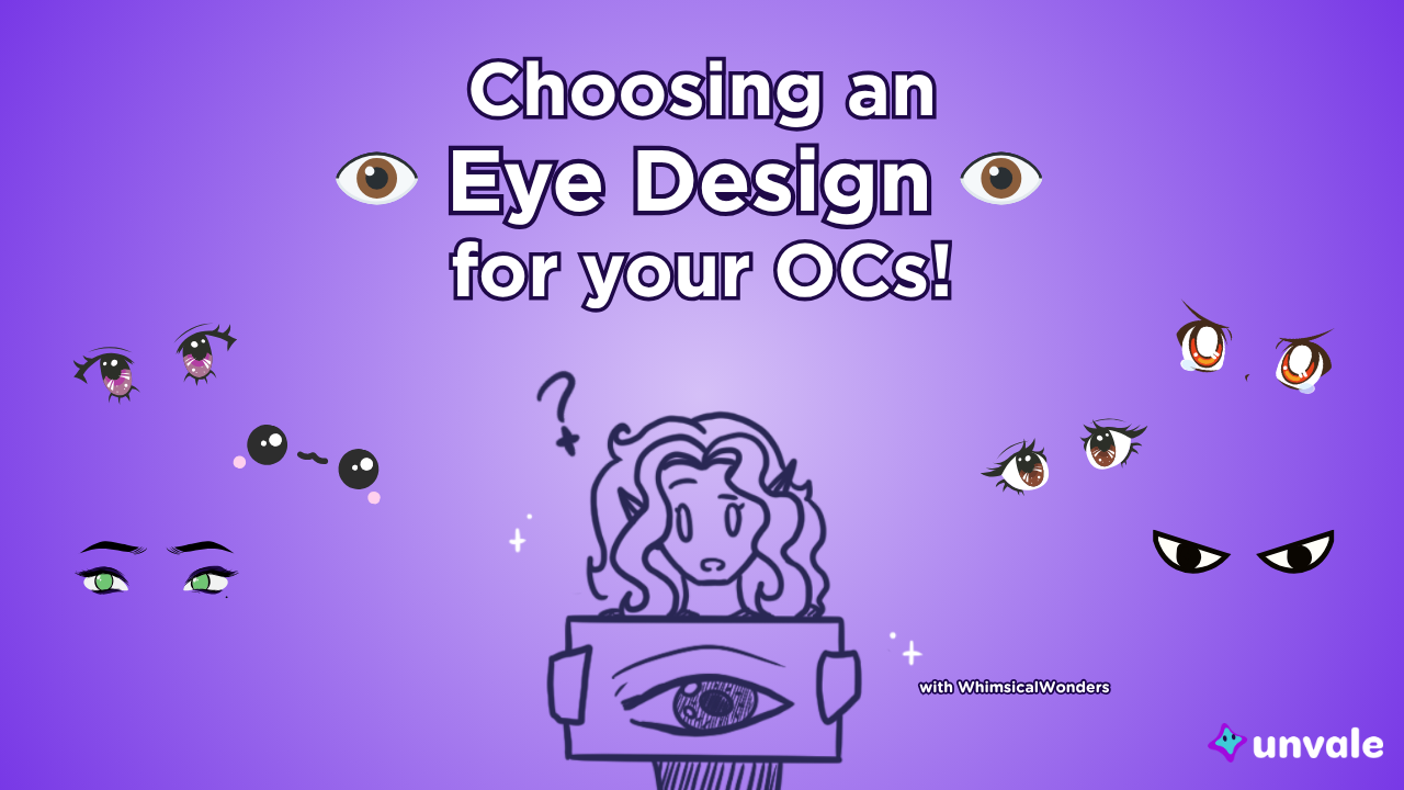 Light and regular purple gradient background. Text reads "Choosing an Eye Design for your OCs!". A doodle of Whimsy holding an eye drawing