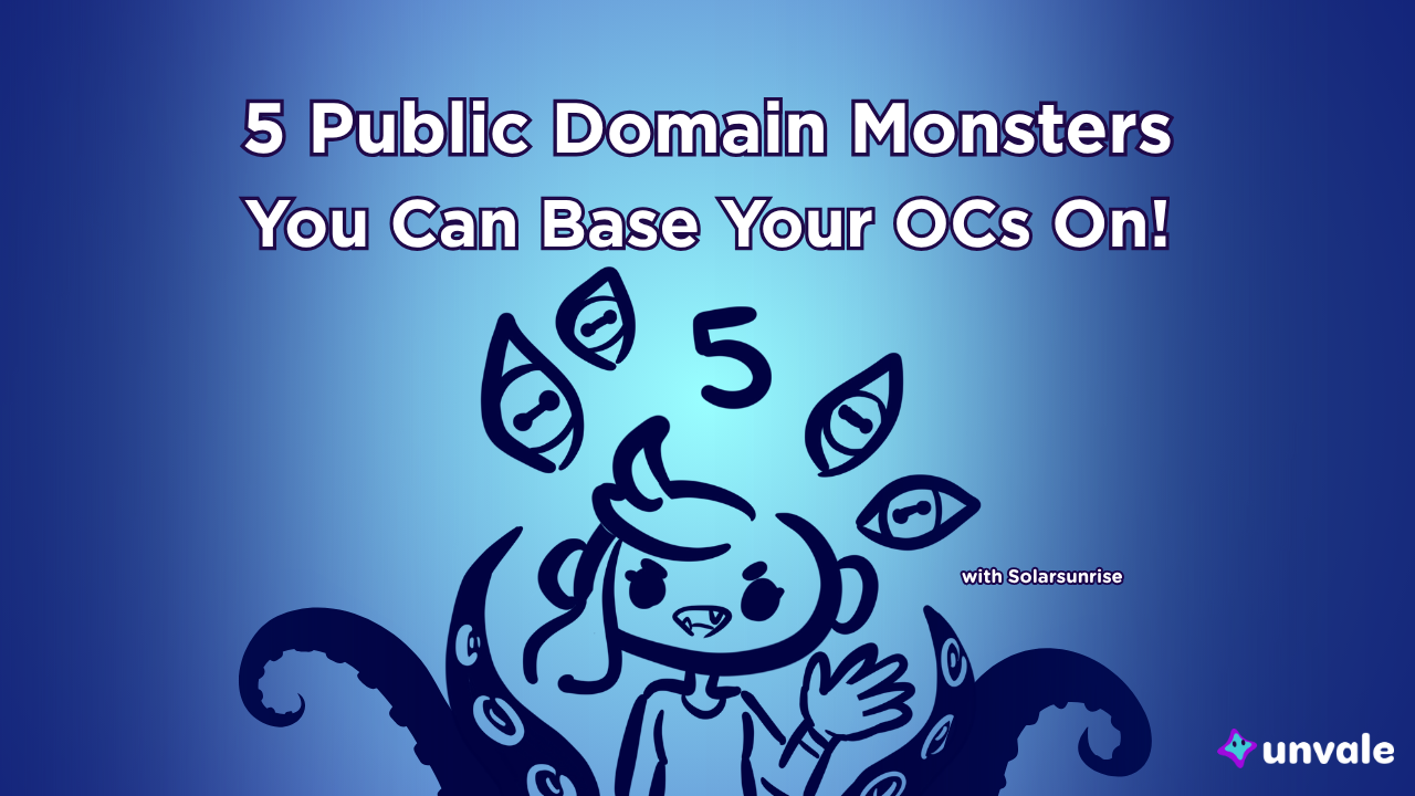Light and dark blue gradient background. Text reads "5 Public Domain Monsters You Can Base Your OCs On!". A doodle of Solar being surrounded by monster parts.